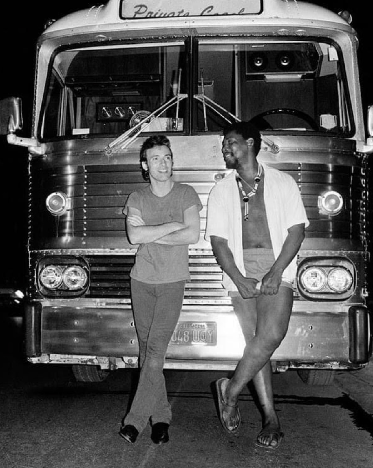 Bruce Springsteen and Clarence Clemons in front of their bus for the 1978 Darkness on the Edge of Town tour 